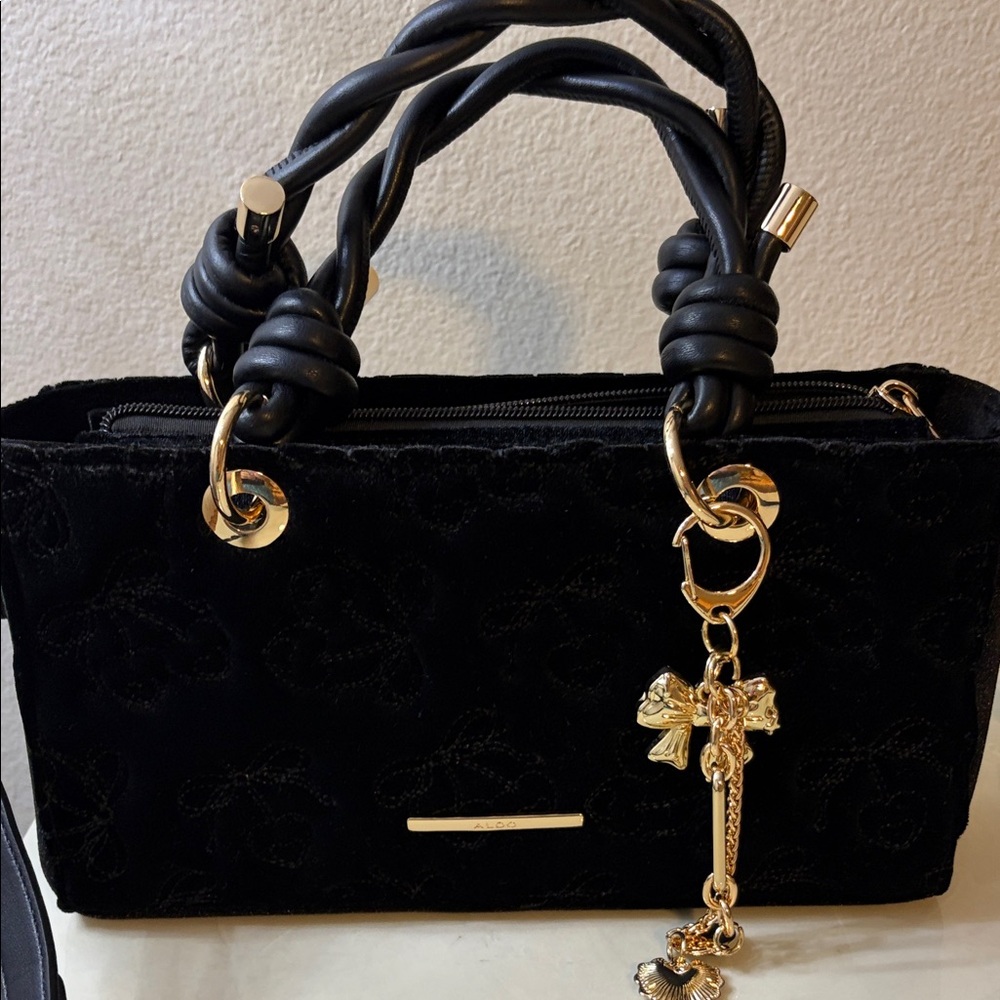 Aldo Black Velvet Satchel with Gold Charm Accents